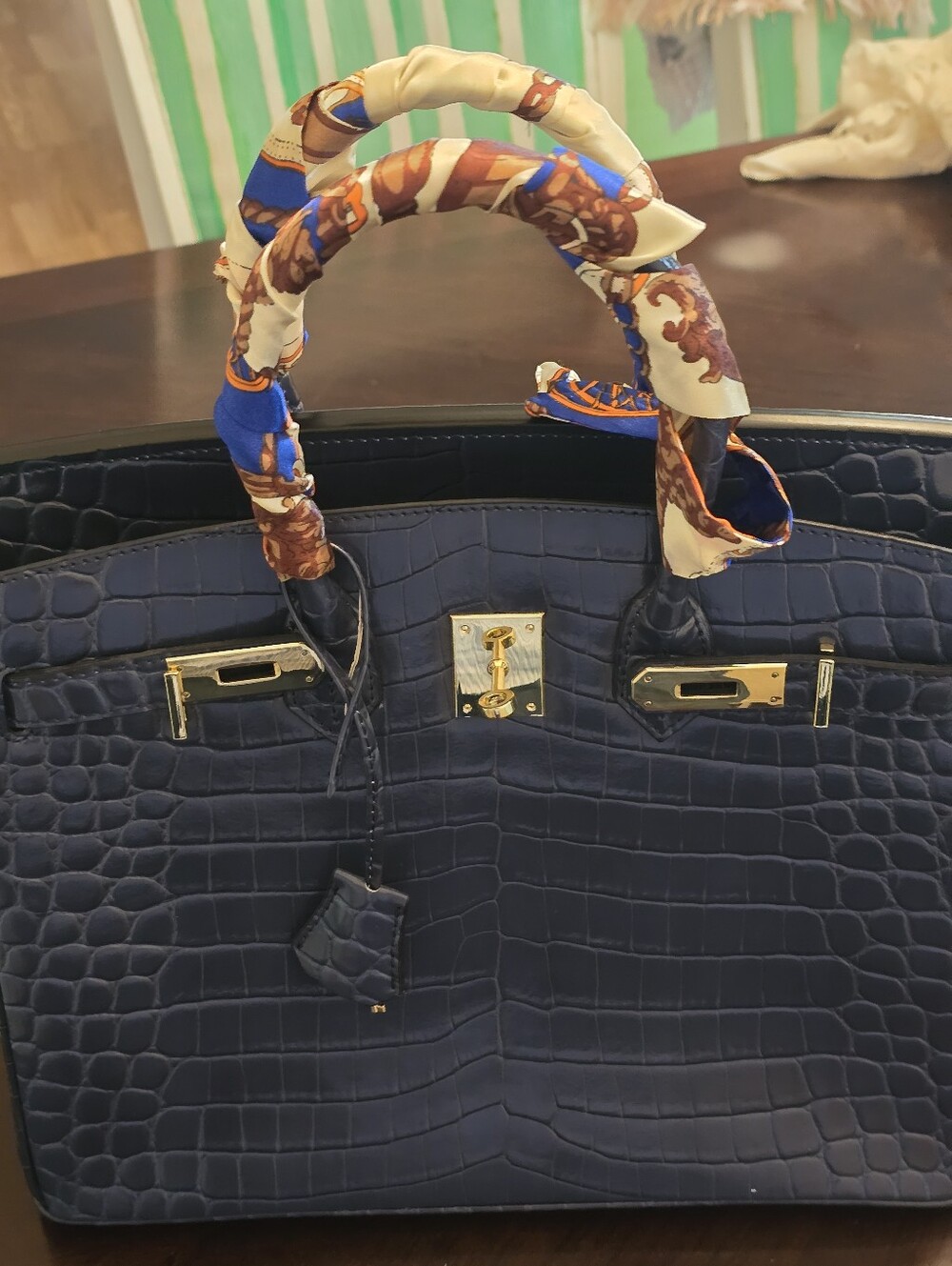 Croc-Embossed Navy Tote with Gold Hardware and Scarf-Wrapped Handles